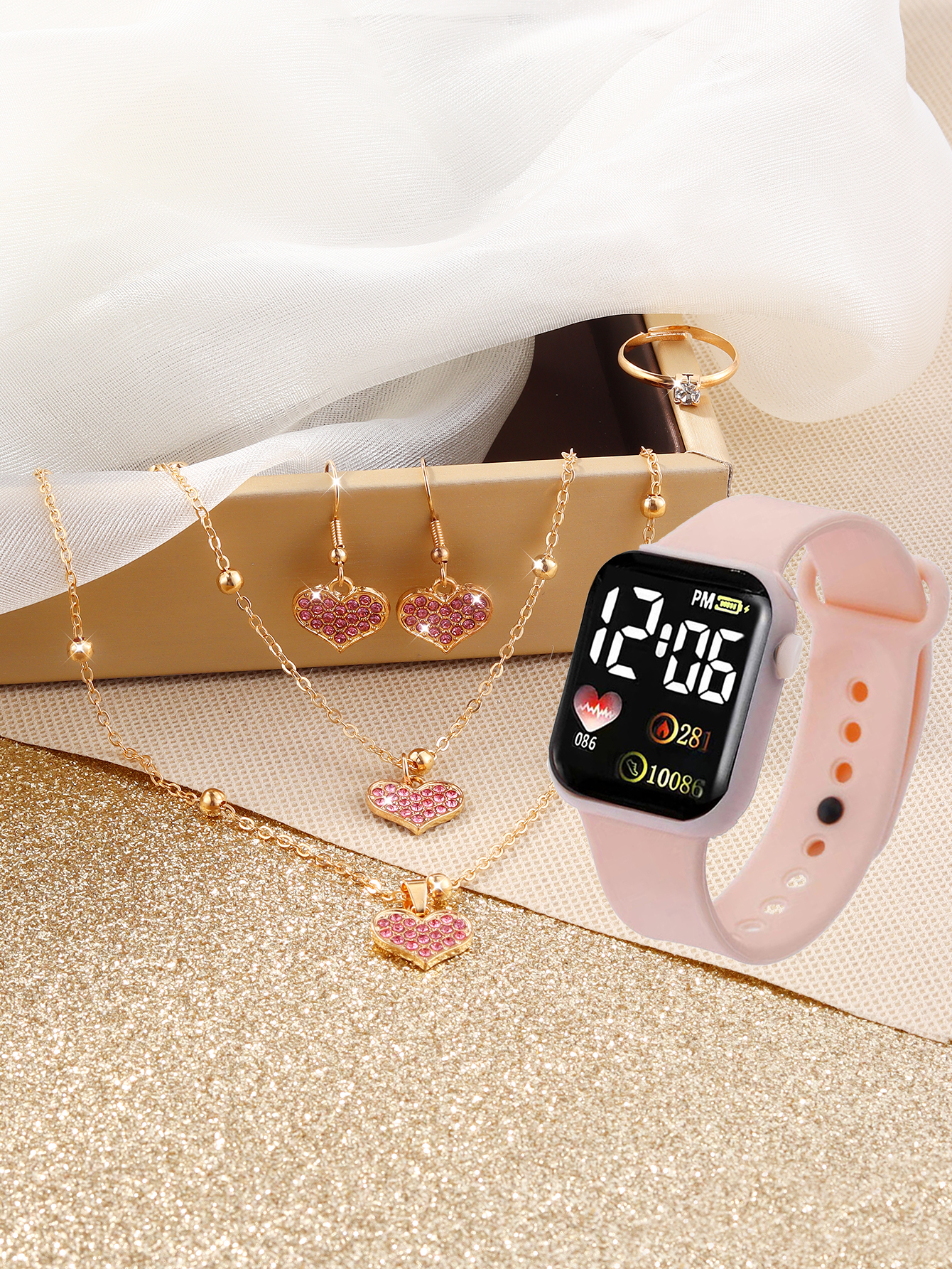 Reloj digital deportivo simple rectangular de silicona para mujer, color rosa, con corazón, collar completo de diamantes, de cumpleaños