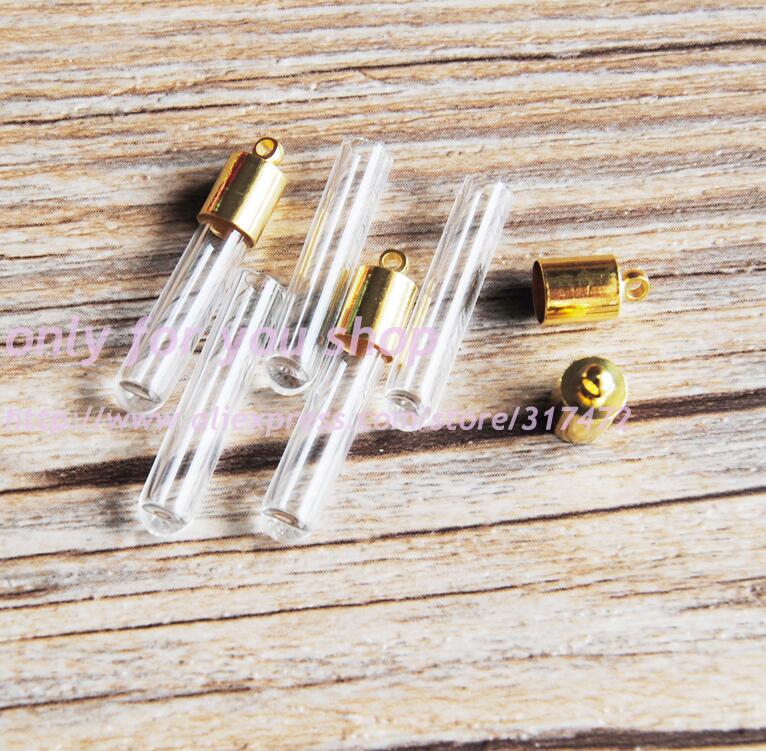 XCDIY 5set/lot 5mm inner diameter glass Vial Pendant gold metal cap DIY miniature glass vial pendant wish bottle: Light Yellow Gold Color