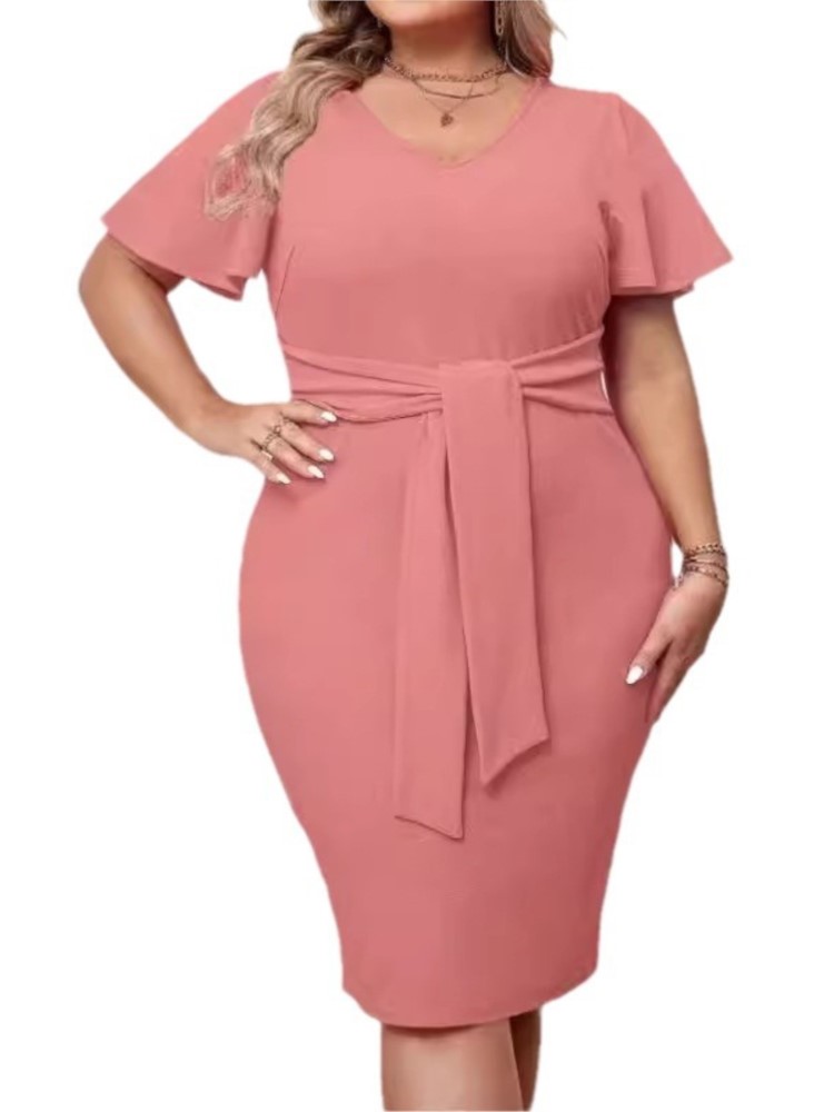 Plus Size Zomer Midi Jurk Vrouwen Roze Elegante Ruche Geplooide Korte Mouw Modis Dames Jurken Slanke Bodycon Vrouw V-hals Jurk