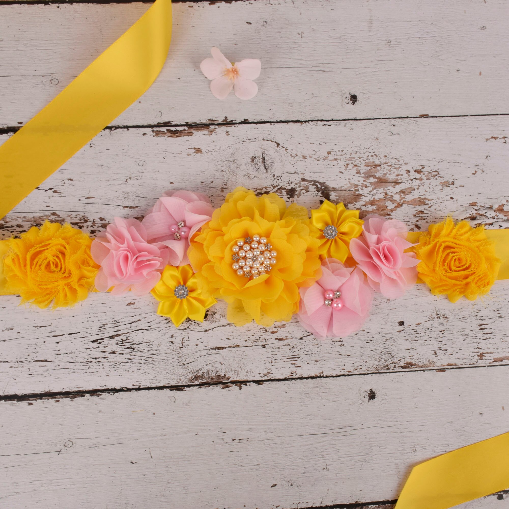 Fajín de flores para maternidad, Amarillo/rosa, cinturón para el vientre para embarazo, accesorios de para fotos, banda para de Baby Shower, cinturón de flores para niña de 3 yardas: Default Title