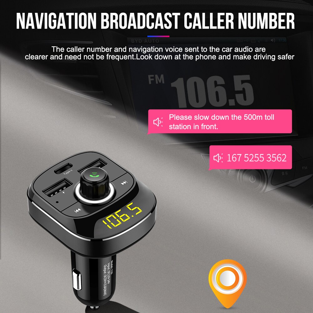 Bluetooth bilsæt  mp3 dual usb bærbar type-c mikrofon håndfri 3.1a 12v-24v smart