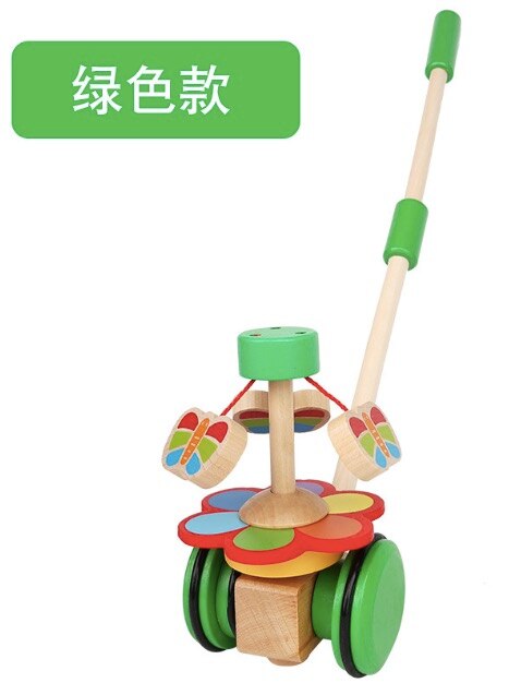 Marcheur en bois tige de poussée jouet dessin animé rotatif rouleau chariot apprentissage marche guide bois première étape voiture enfant en bas âge chariot bébé anniversaire: Green