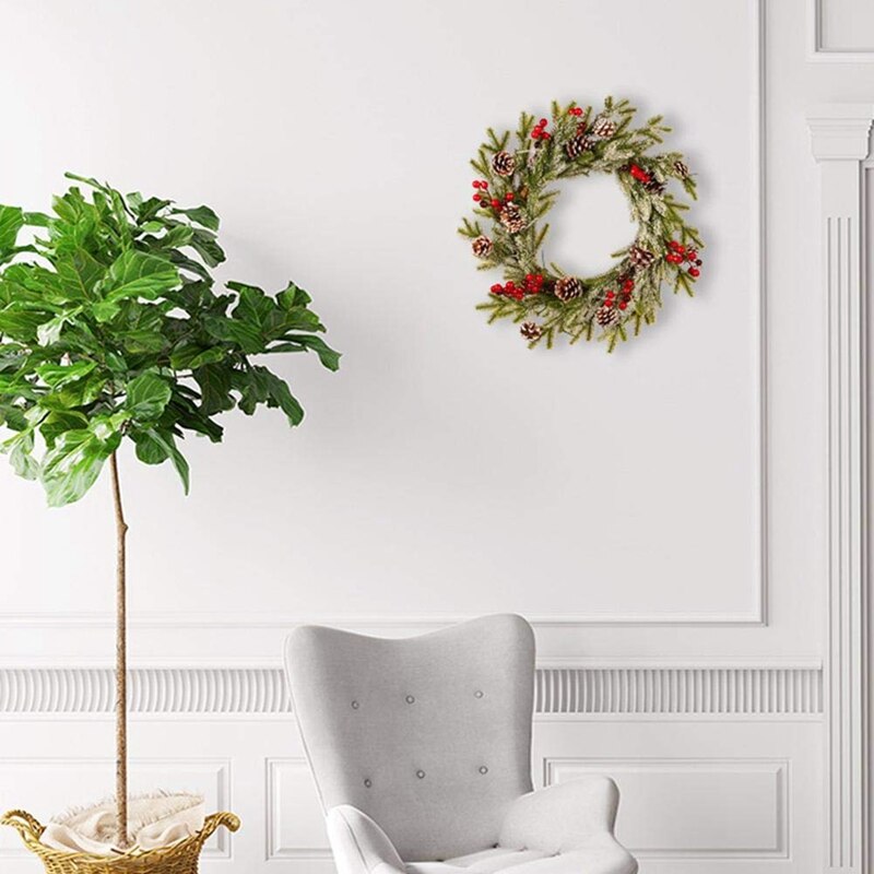 Christmas Garland PE Pine Cone Red Fruit Wreath Romantic Christmas Decoration White Flocking Pendant with Frost Ornaments Arts