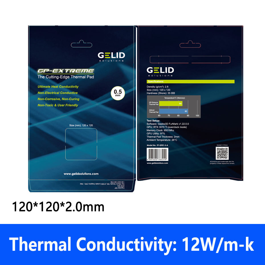 GELID TP-GP02 120x120x0.5 1.0 1.5mm the Cutting-Edge Thermal grease Pad 12W/mK for GPU/RAM/Motherborad/SSD cooling Original pad: 120x120x2.0mm