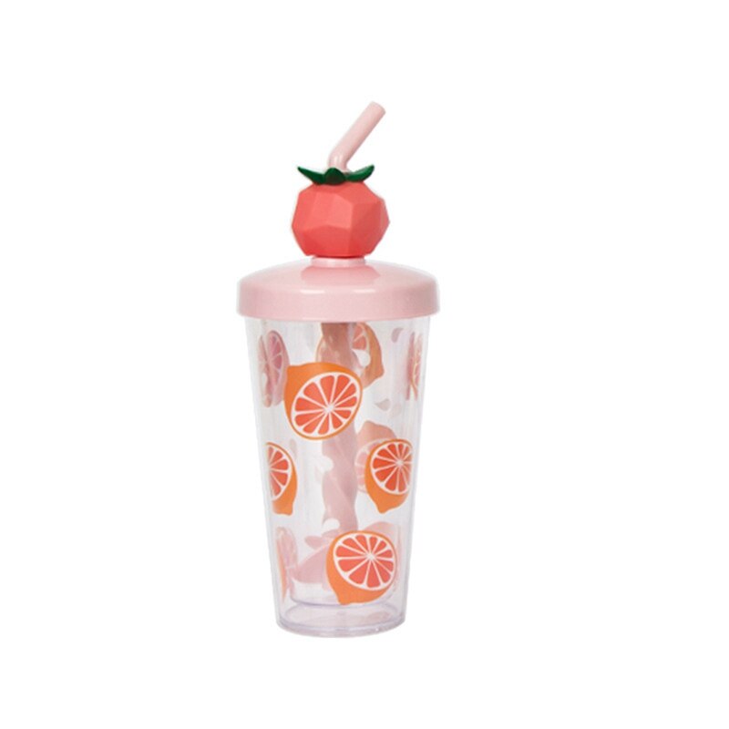 Colorful Fruit Mixing Cup Double Layer Transparent Straw Cup Summer Cold Drink Popular Handy Cup: Orange