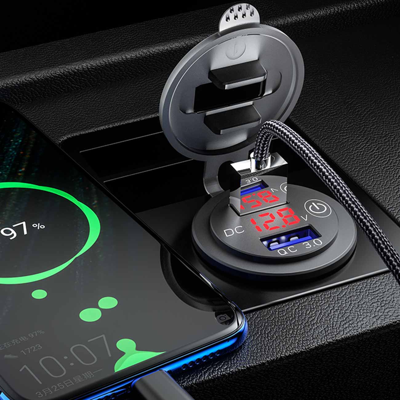 Dual USB Quick Charge Socket With Touch Switch LED Voltmeter Display Splitter Cigarette Lighter 12V-24V QC3.0 Power Adapter