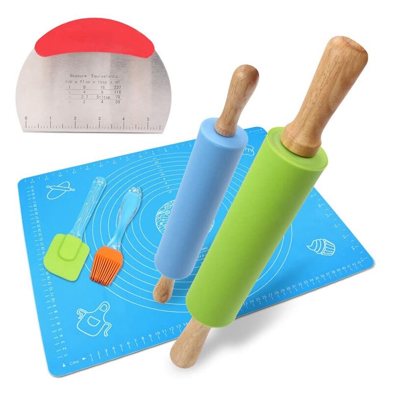 Rolling Pin Pastry Mat Set, non-stick Deeg Roller Bakken Met Gebak Cutter Herbruikbare Kneden Mat Schraper Insmeerborstel: Default Title