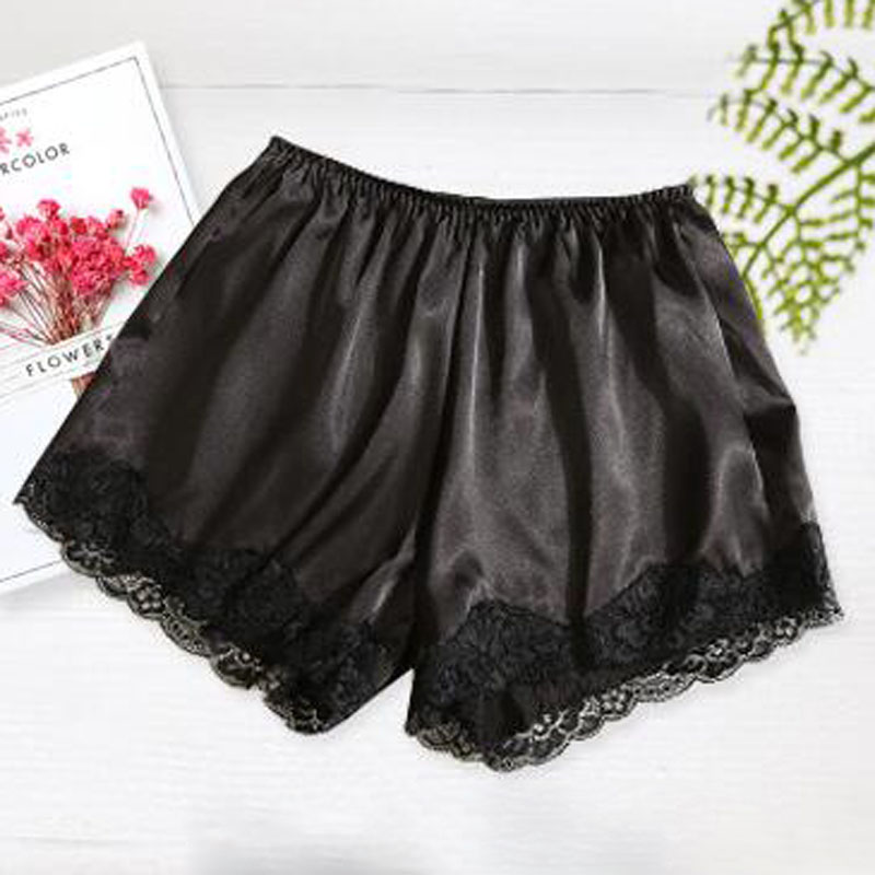 Satin Kitten Silky Elastic Waist Women Men Home Sleep Tracksuit Bottom Short Pants Pajama Nightwear Shorts: black-lace