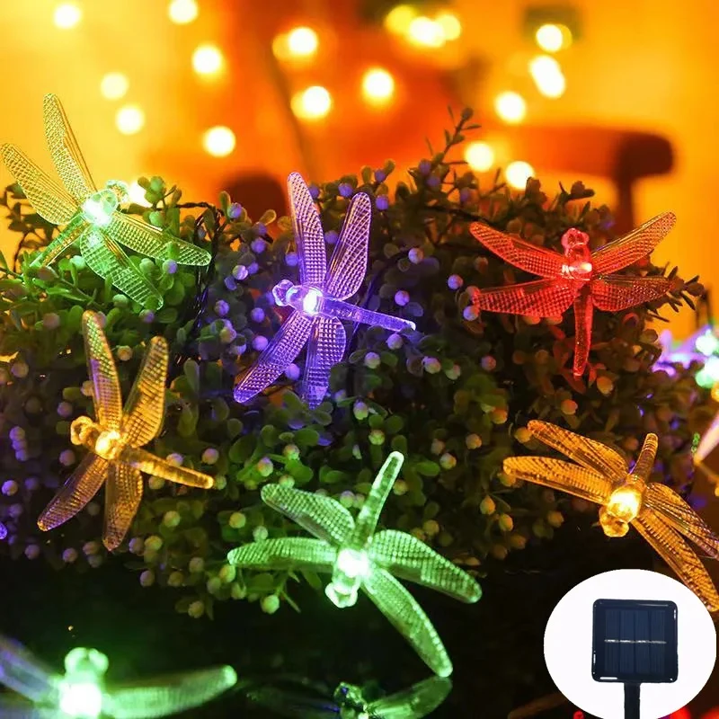 Guirlande lumineuse solaire libellule, guirlande lumineuse d'extérieur avec 8 Modes, étanche, à énergie solaire, pour Patio, cour, décoration de noël: RGB