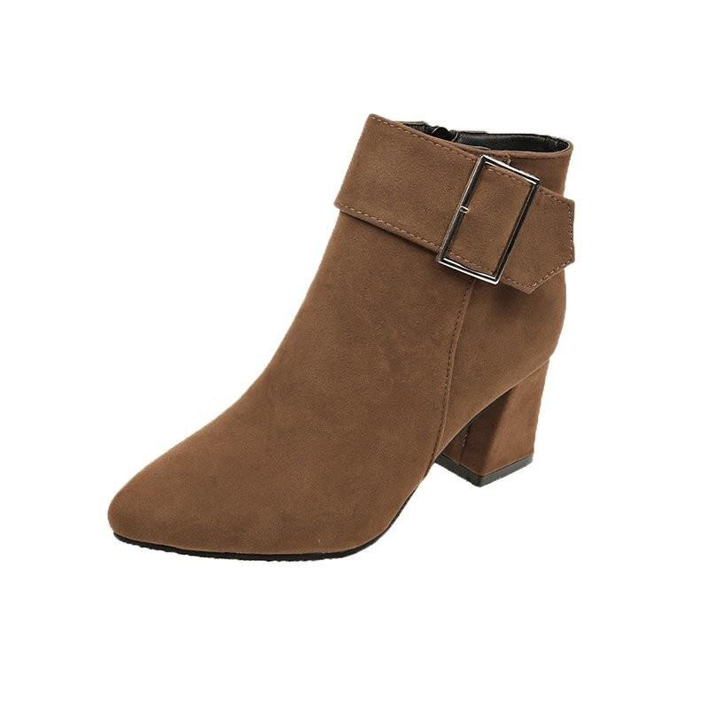 Winter Schoenen Gesp Enkellaarsjes Vrouw Sneeuw Schoenen Faux Suede Booties Wees Teen Blote Laarzen Chunky Hakken Maat 35-40: Brown / 39