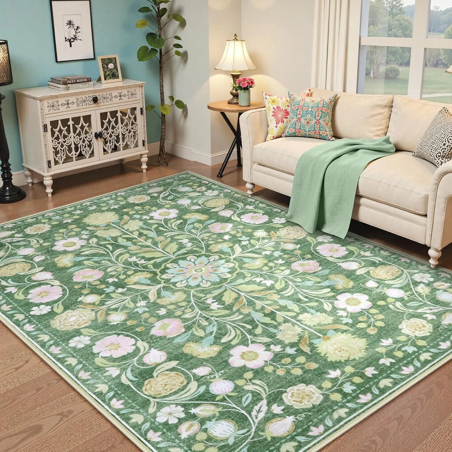 Tapis de salon bohème Vintage, lavable, vert vif, imprimé Floral, doux, antidérapant, pour Restaurant, décoration de sol