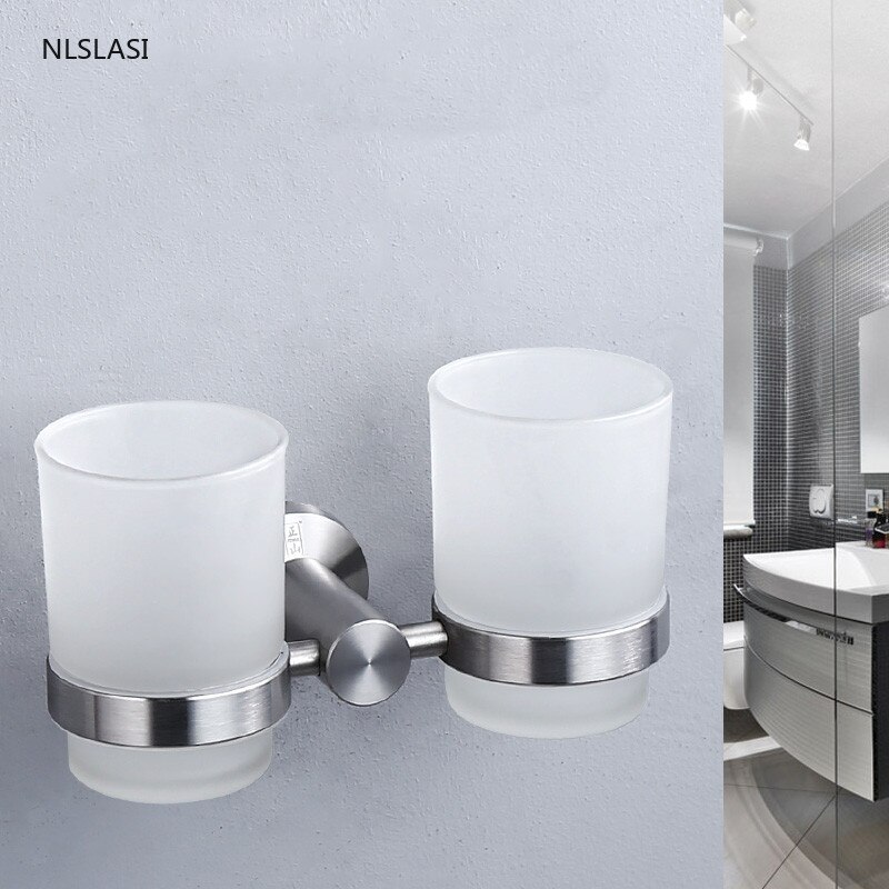 Stainless Steel Toothbrush Tooth Cup Holder with Mouth Cup Wall Mounted Bath Two Cups Rack Bathroom Accessories Storage Rack