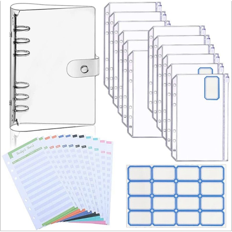 A6 Bindmiddel Pvc Notebook Cover Bindmiddel Budget Enveloppen Organizer 6 Ringband Met Rits Zakken, Budget Lakens: Transparent