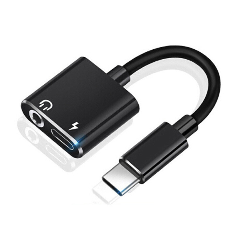 Adaptador de carga para auriculares, Cable 2 en 1 Tipo C a conector de 3,5mm, Audio Aux, USB C: Negro