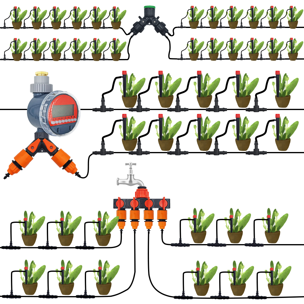 Drip Irrigation System 1/4'' Hose Adjustable 13CM Sprinkler Kit 4-Way Micro Watering Flow for Garden Flowers Vegetables