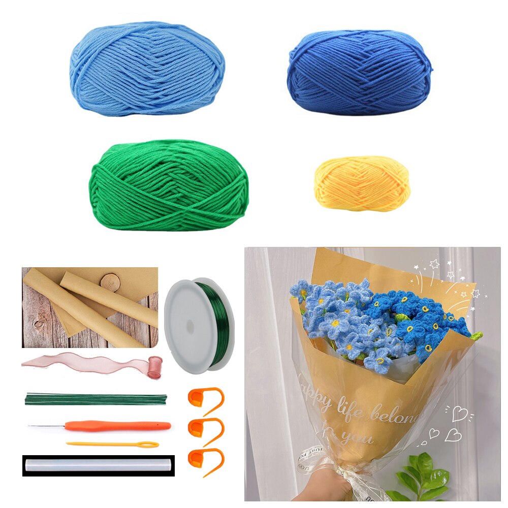TPRPYN Myosotis – Kit de Crochet pour Bouquet de fleurs, avec fil, bricolage, oublier, pas de fleurs, kits de Crochet, tricot, vidéo de débutant faite à la main: NL50 11 29 BL1