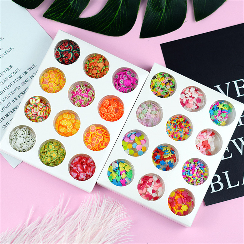 12 Gaten Slime Zachte Aardewerk Fruit Slice Pearl Sequin Sprinkles Filler Kinderen Speelgoed Boetseerklei Diy Accessoires Nail Art Tips