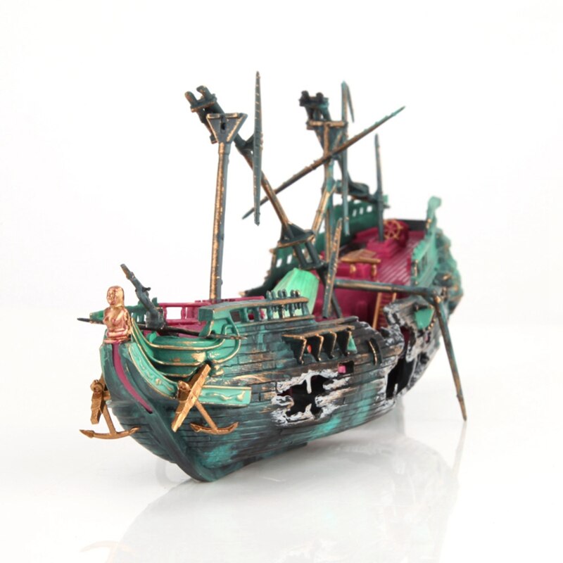 Decoración de bote de acuario grande, barco de acuario con placas de aire, decoración de pecera de naufragio