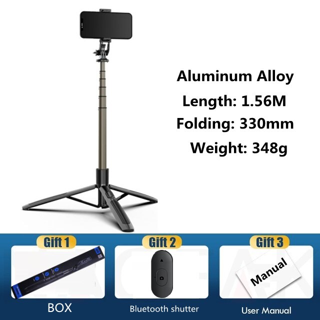 Aluminum alloy Bluetooth-compatible Selfie Stick Tripod Foldable Monopod With Two Led Fill Light For Action Cameras Smartphones: Black