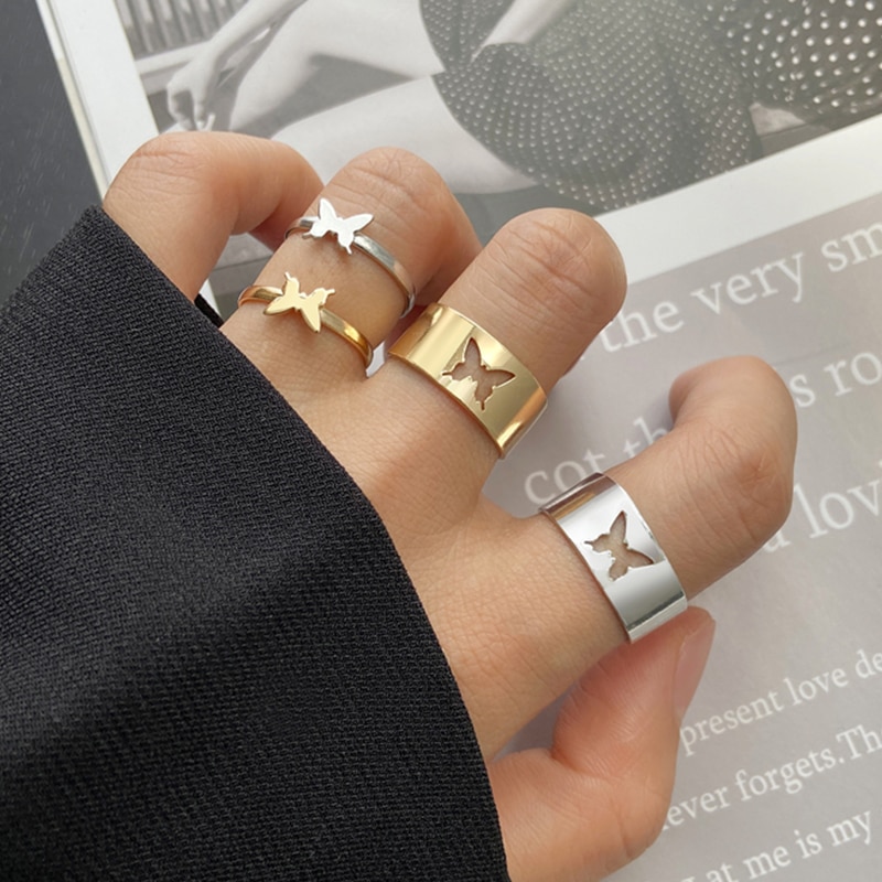 LATS-Anillos abiertos para mujer y niña, joyería gótica, Punk, negra, Vintage, Simple, Animal, mariposa, estrella, Luna, corazón, llama