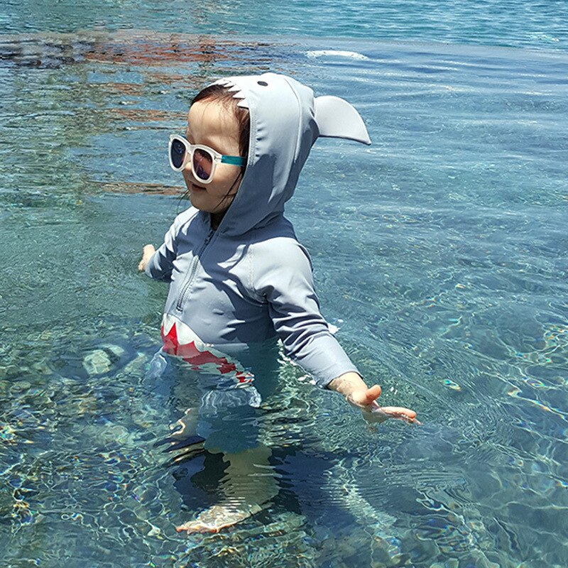 Baby Badmode Meisjes Jongens Baby Mooie Haai Een Stuk Grey Shark Schade-Proof Uv-bescherming Hooded Badpak Voor baby 'S