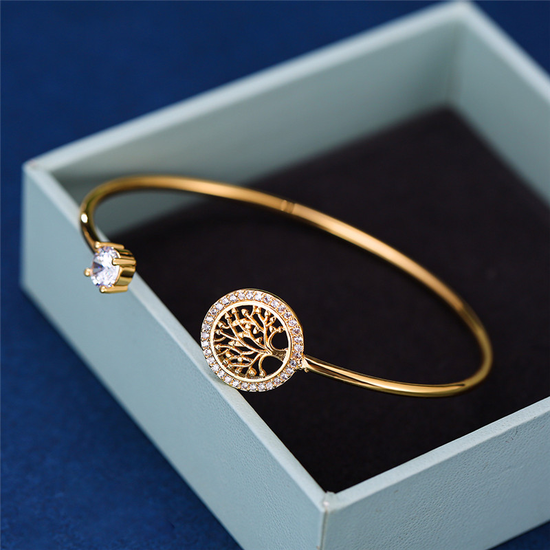 Pulsera delicada de piedra de circón blanco para mujer, pulseras ajustables con árbol de la vida para mujer, bonita pulsera de boda de oro rosa