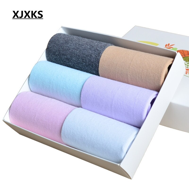 Xjxks lot de 6 paires de chaussettes en coton respirantes pour femmes, couleur unie, style coréen, douces et d'automne: 6 couleurs aléatoires