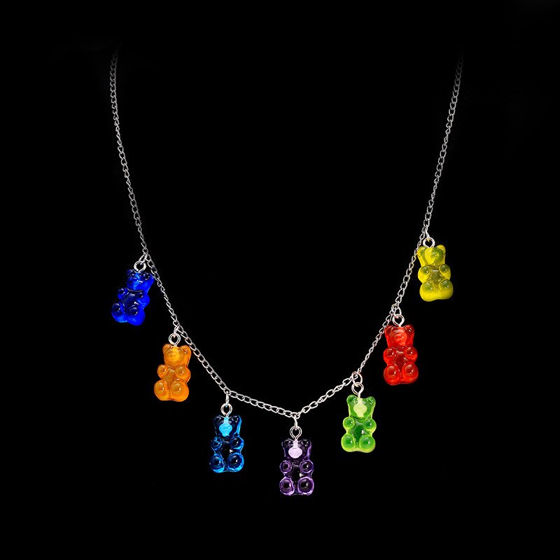 Gummy mini candy bear 7 farger søt judy tegneserie dyreanheng bjørn halskjede rustfritt stål choker kvinner jente bijoux krage