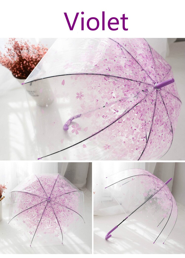 Gennemsigtig kirsebærblomst paraply langt håndtag gennemsigtig piger retro slik farvet lyse prinsesse paraply: Blomme