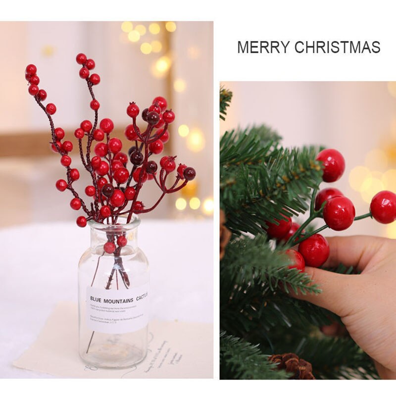 50Pcs Mini Kerst Bessen Plastic Kunstmatige Bloem Rode Kers Parelmoer Bruiloft Kerst Diy Decoratie