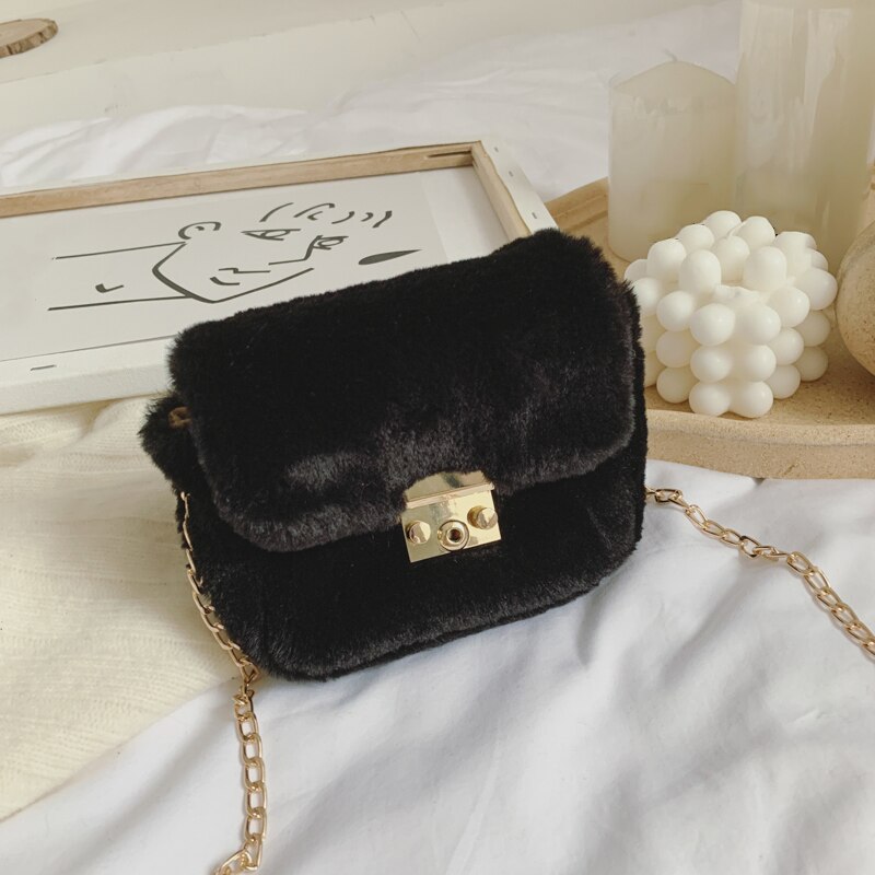 Cute Baby Girls Handbag Party Bag Solid Fur Lock Hasp Chain Belt Shoulder Bag Crossbody Bag Casual Bag