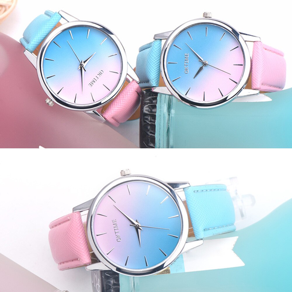 Femmes montre dégradé couleur coloré rétro arc-en-ciel Bracelet en cuir analogique alliage Quartz montre-Bracelet Bracelet montre YE1