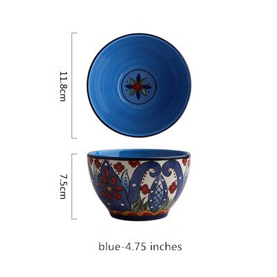 Bohemian Handgeschilderde Keramische Slakom Rijst Ramen Kom Soep Kommen Fruit Thuis Ontbijt Granen Huishoudelijke Keuken Servies: blue-4.75inches
