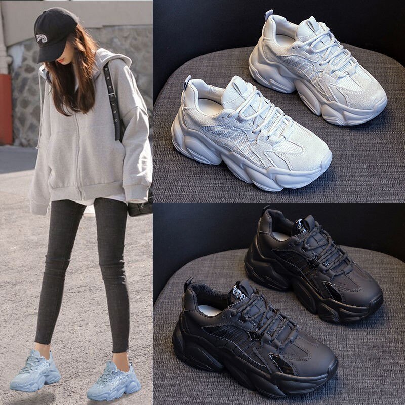 Hardloopschoenen platform sneakers dames gevulkaniseerde schoen chunky zwart grijs casuals ademend veterschoenen goede schoenen