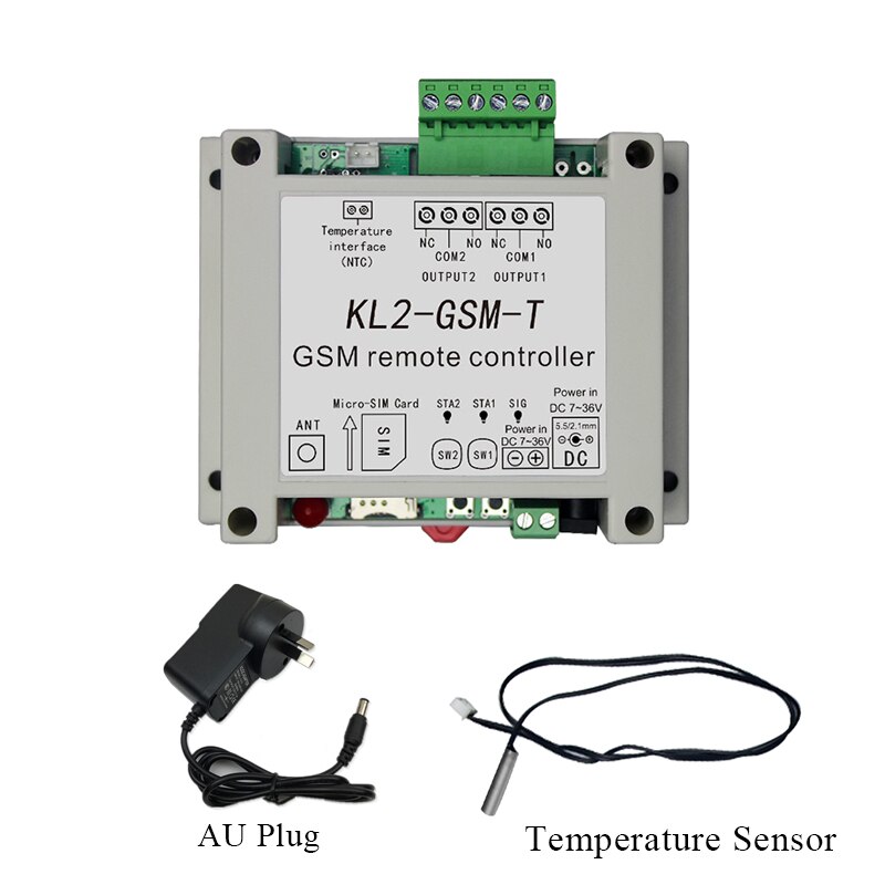 Gsm fjernbetjening relæ controller switch adgang controller med 2 relæ output en ntc temperaturføler: Au stik
