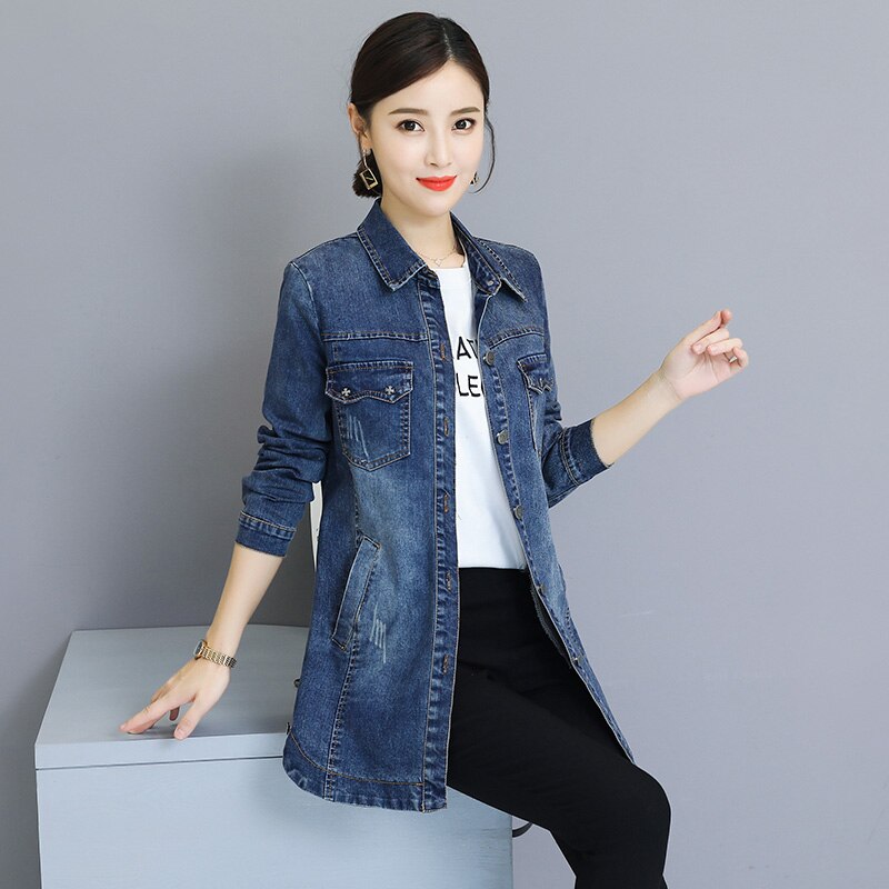 Kvinder lang denim jakke forår efterår plus størrelse 3xl løse fuld ærmer blå toppe kvindelige casual piger outwear  c80612l: L