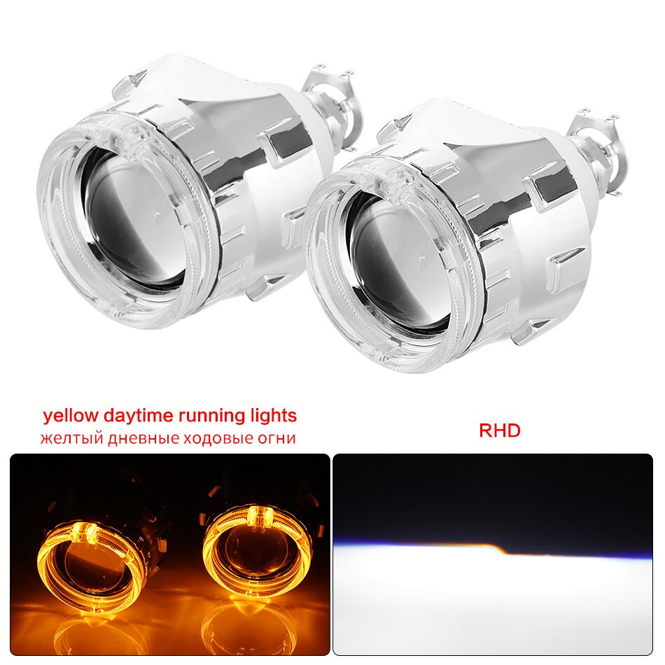 Aileo 2x 2.5 tommer led angel eyes bi-xenon projektor linse kørelys drl  h4 h7 h11 bil retrofit styling brug  h1 lys universal: Sølv gul rhd