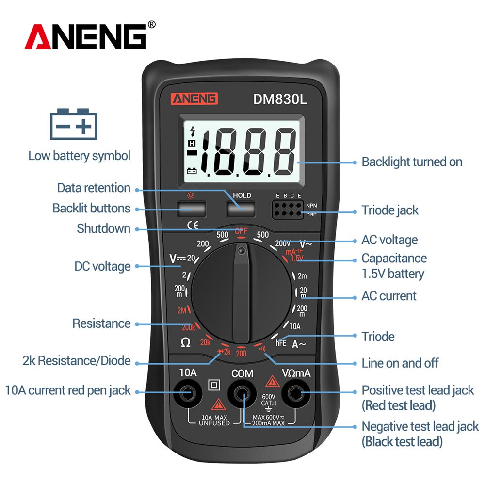 ANENG DM830L Digital Multimeter Meter Testers 1999 Count Electrical Transistor Capacitance DC/AC Multimetro With LCD Backlight