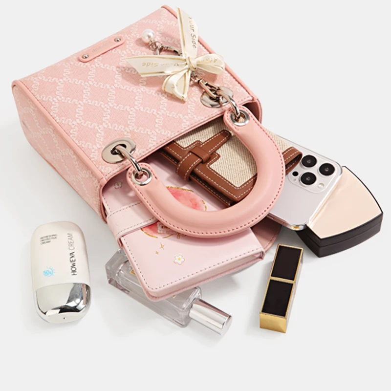 TOUTOU Argyle Jacquard Handtasche Schleife Dekor Satchel Geldbörse Damen Kleine Einkaufstasche Luxusmarke Tasche