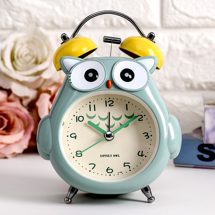 Childrens owl Alarm Clock Cute Bird Clock Children Cartoon Lovely Bedroom Double Bell Silent No Ticking Night Light Alarm Clocks: GREEN