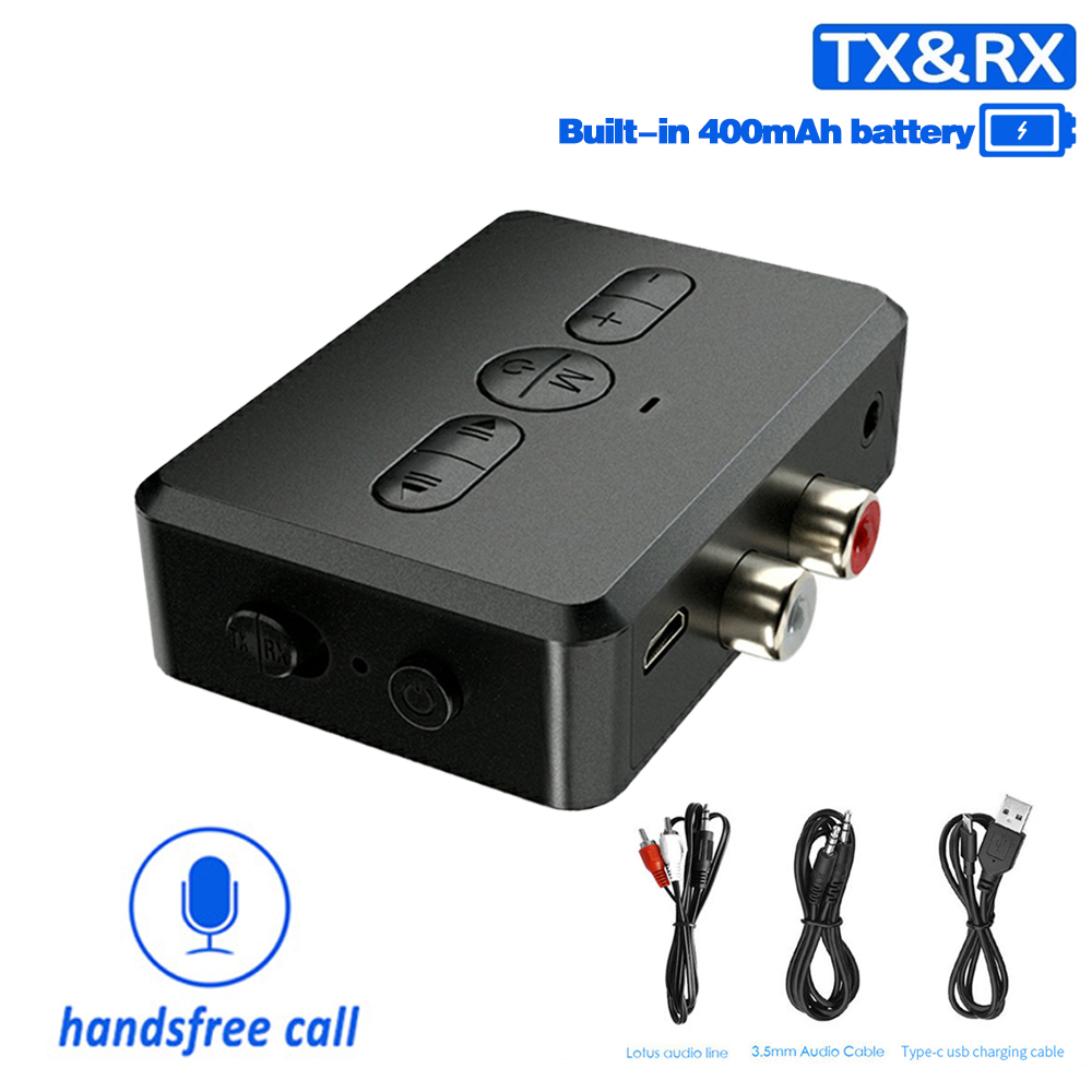 Bluetooth V5.0 Audio Bluetooth Receiver Transmitter 2 in 1 Stereo Dual Channel RCA Port + AUX with 400mAh Large Battery