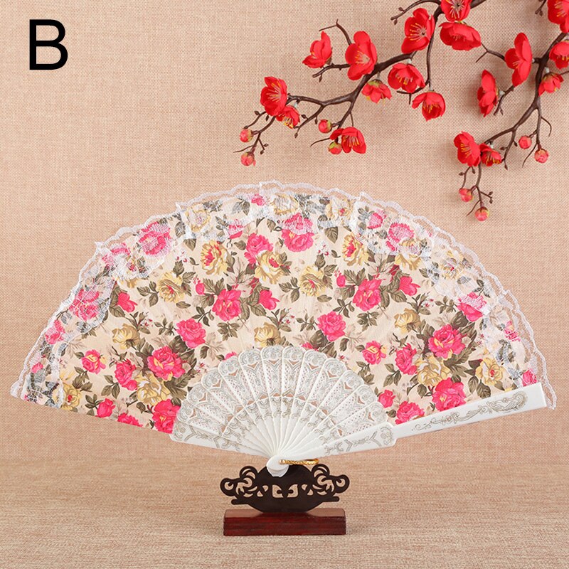 Vintage Flower Pattern Folding Fans Bronzing Wood Silk Plastic Hand Fans With Lace Ribbon Edge Dance Wedding Party Prop: B