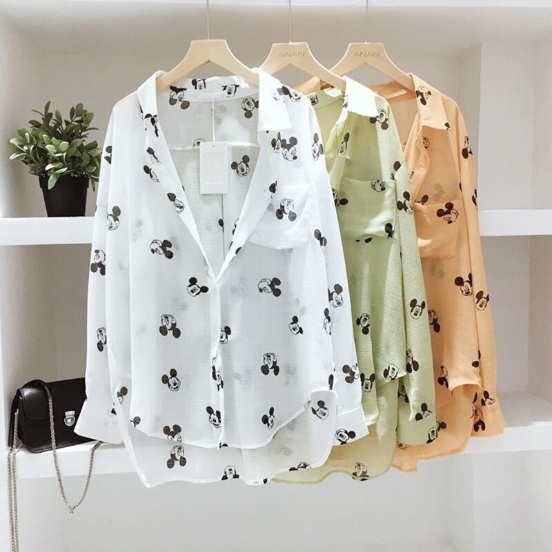 Women Spring Summer Style Transparent Chiffon Blouses Shirts Lady Casual Long Sleeve See Through Anti-sunshine Top