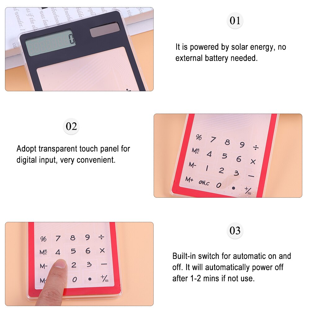 2Pcs Solar Powered Calculator Clear Touch Calculator Ultra Thin Calculator for Students