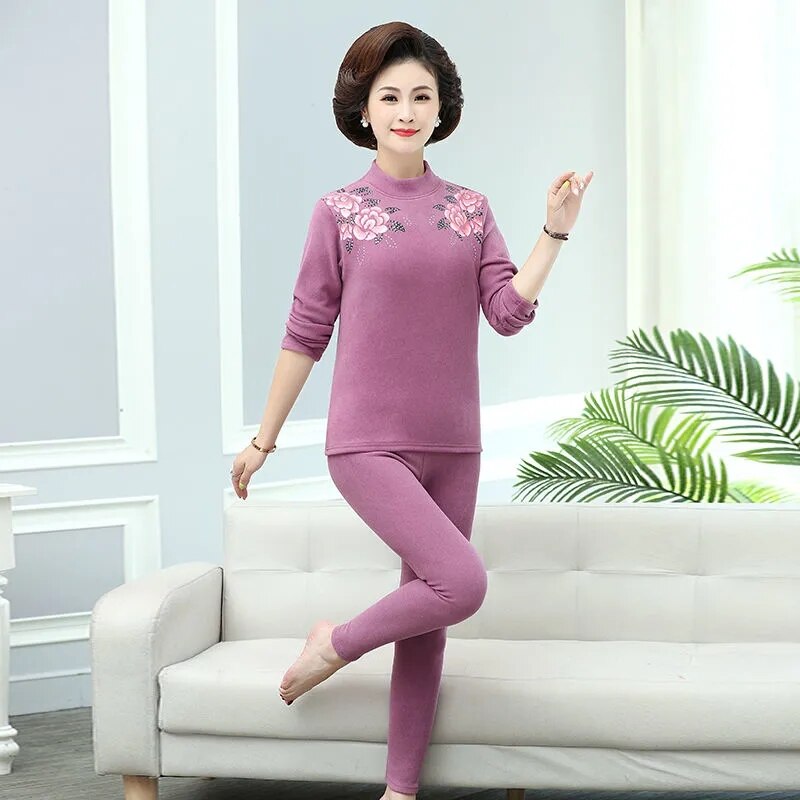 Mama&#39;s De Velvet termiczna odzież garnitur zima w średnim wieku starszych kobiet Plus aksamitna gruba bielizna termiczna dwuczęściowy zestaw M429: Purple / 4XL