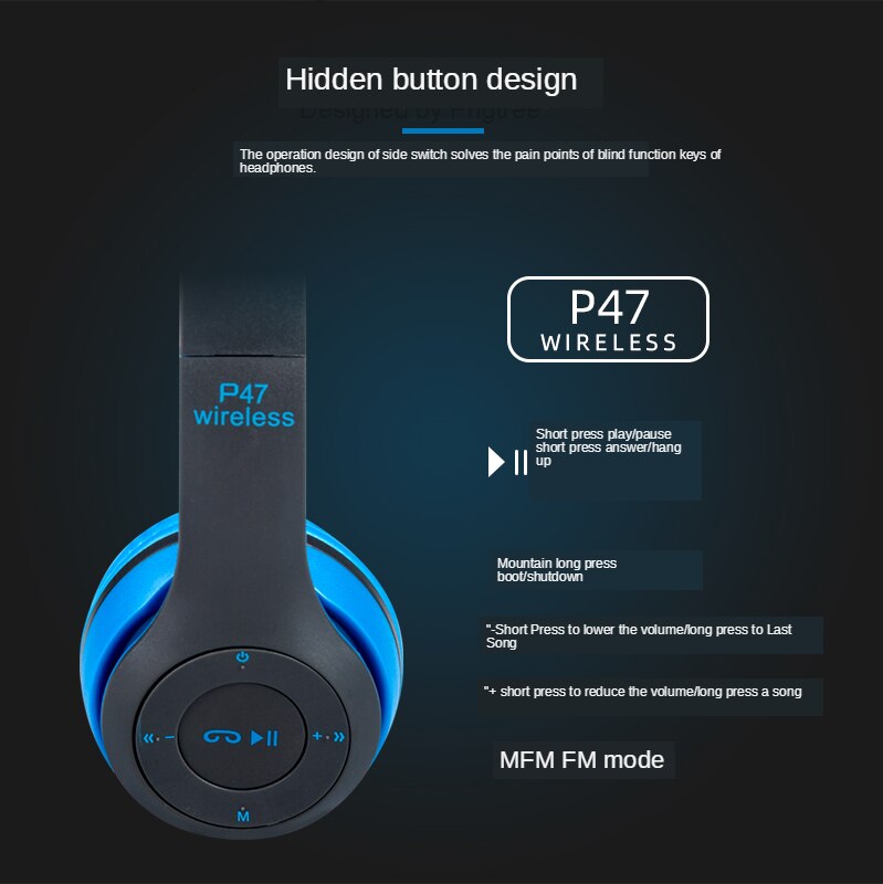 P47 casque sans fil Bluetooth casque pliable stéréo écouteurs de jeu avec Microphone Support TF carte pour IPad téléphone portable