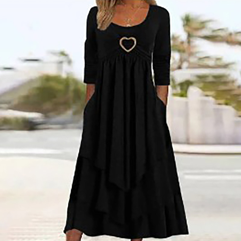 Office Women Patchwork Pockets Midi Dress Round Neck Basic Solid Long Sleeve Dress Lady Casual Summer Ruffles Club Dress