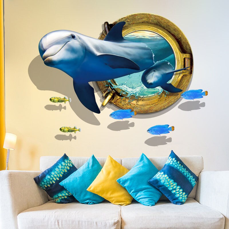 3D Smile Dolphin Wall Stickers Fish Decals Shell Bathroom Stickers Decoration Kid Living Room Ceiling Wallpaper Home Floor Decor