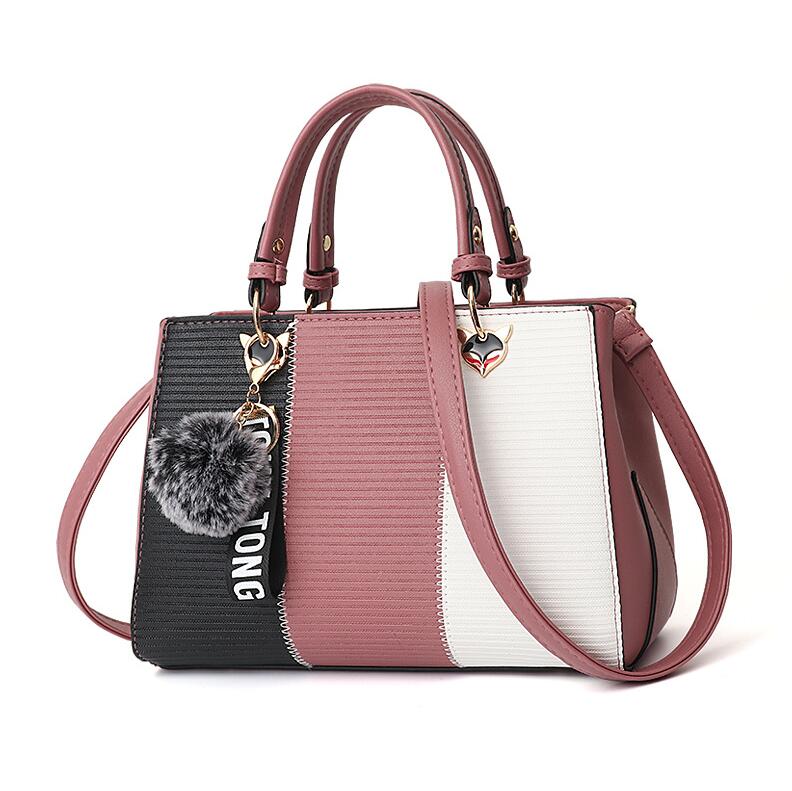 ACELURE PU Leather Handbag - Patchwork Design with Hairball Ornaments & Zipper Closure - Women's Shoulder Tote Bag: Pink