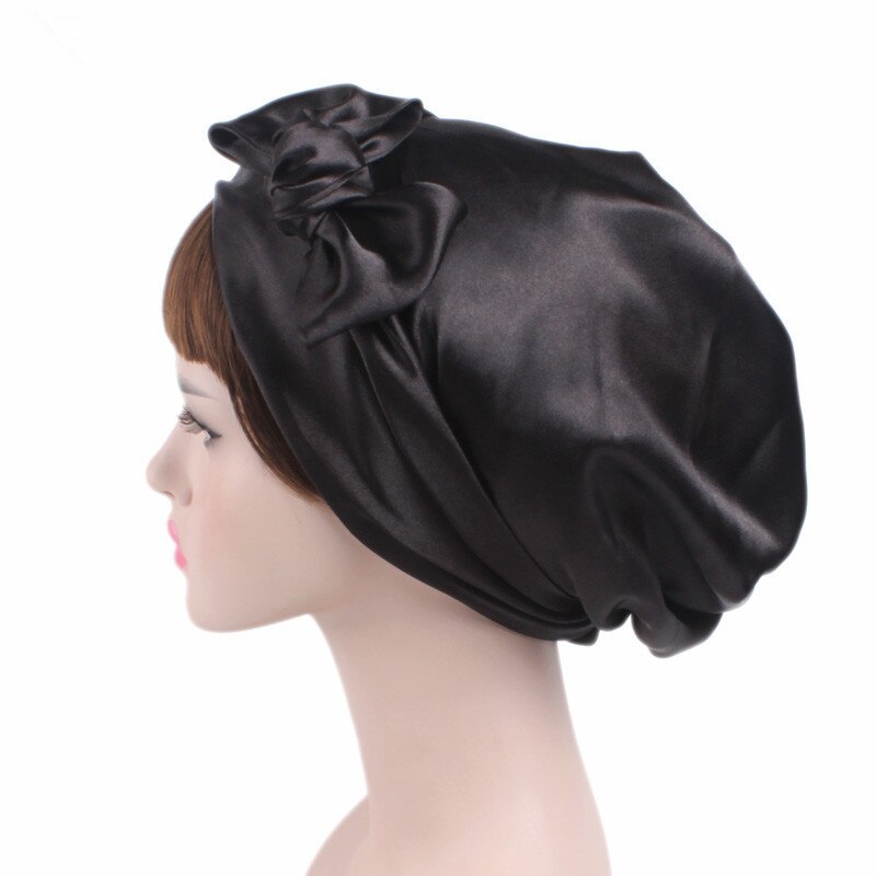 Vrouwen Zachte Zijde Satijn Motorkap Salon Bonnet Beanie Night Haar Hoed voor Natuurlijke Krullend Haar Nachtrust Cap Vlechten Head cover Wrap: black